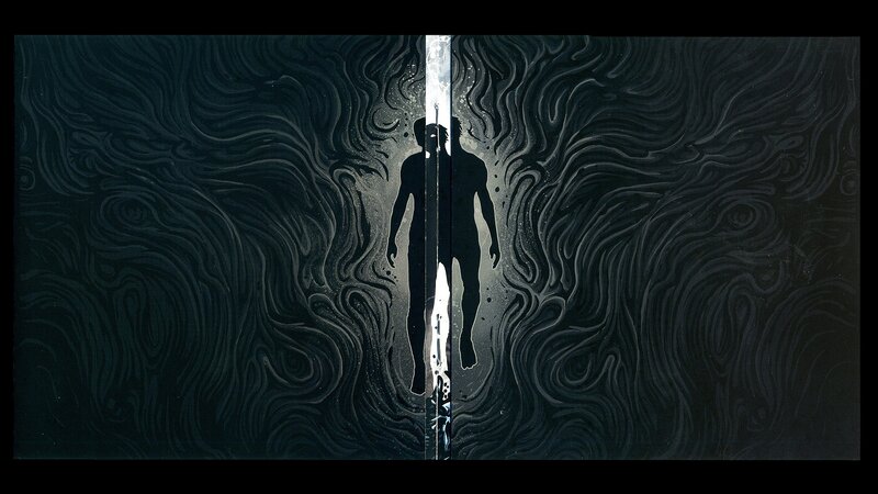 Silhouette between swirling patterns