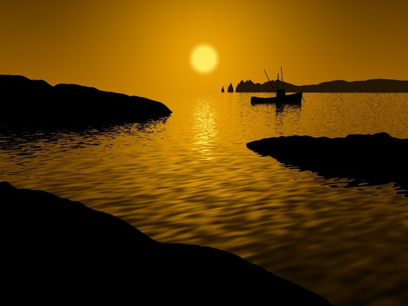 Silhouette Boat at Sunset — Yellow