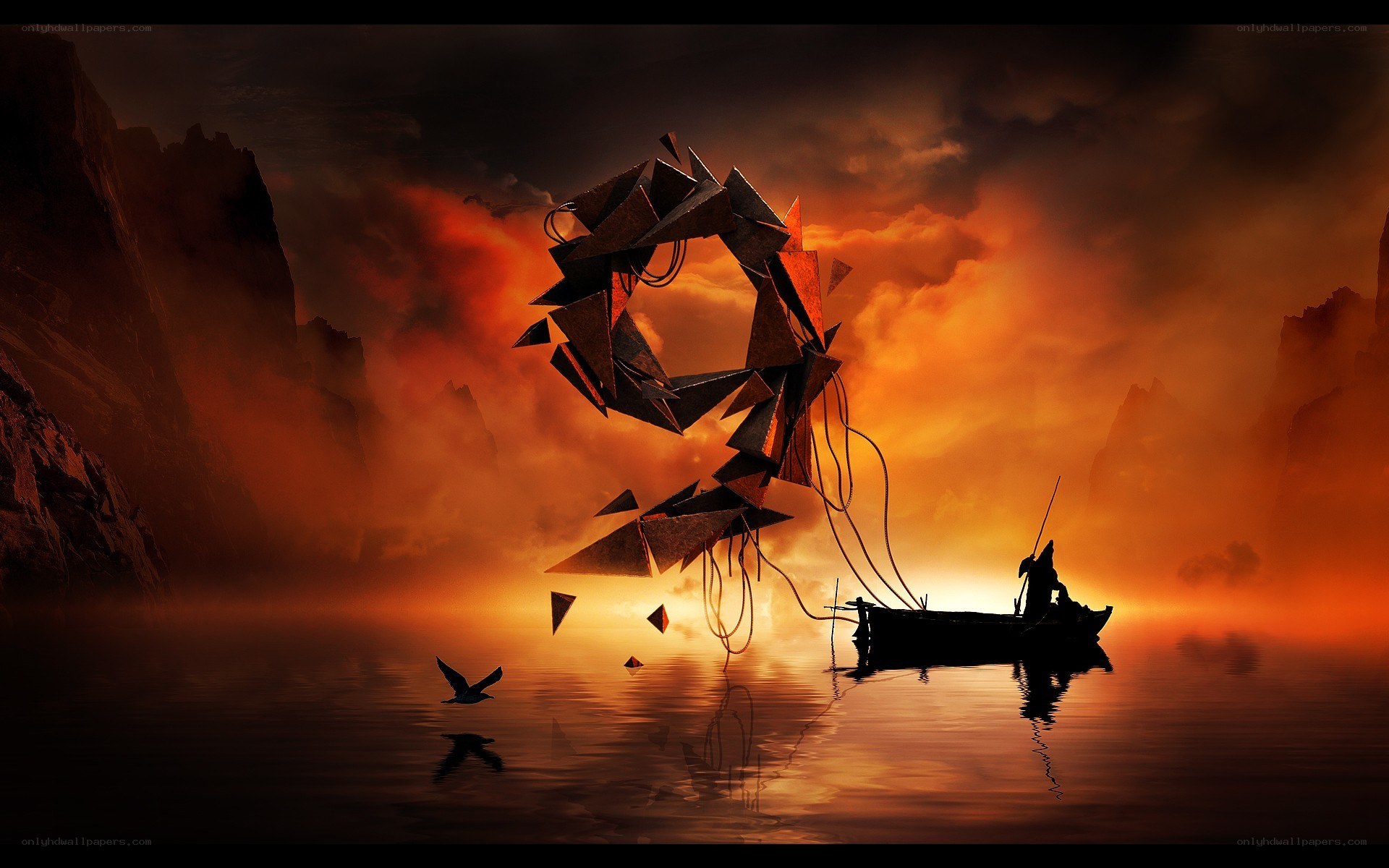 Silhouette boat at sunset