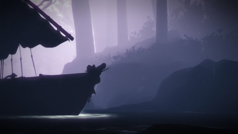 Silhouette boat in misty forest