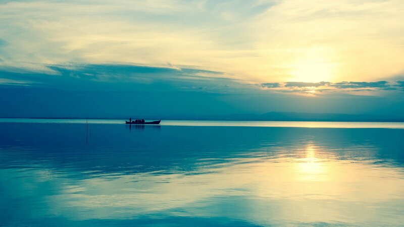 Silhouette Boat on Lake — Blue, Serene