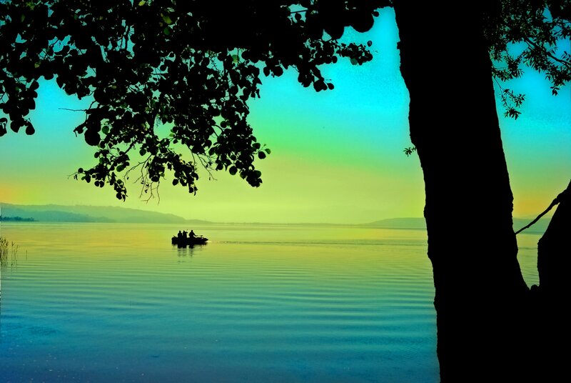 Silhouette Boat on Lake — Blue
