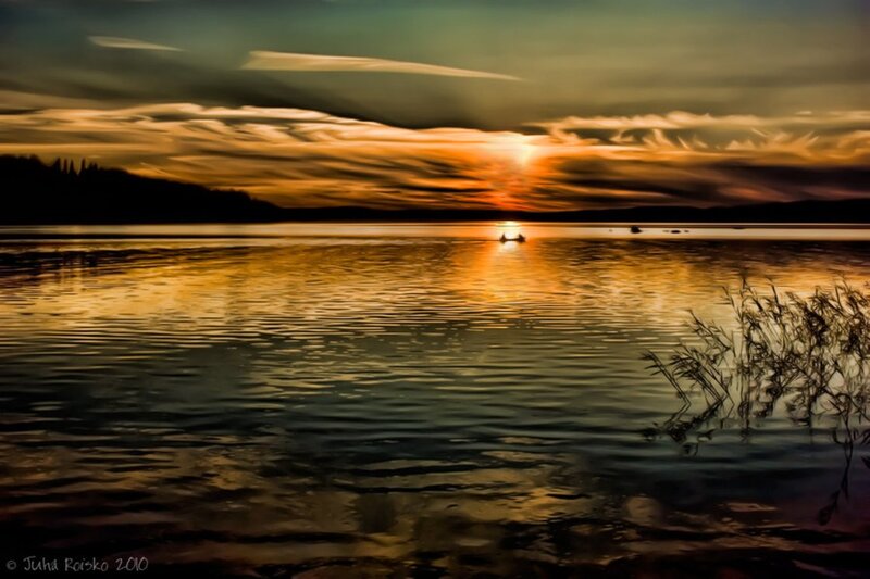 Silhouette Boat on Lake — Orange