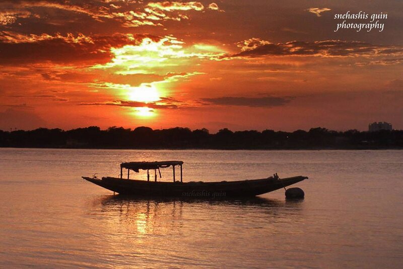 Silhouette Boat on River — Orange