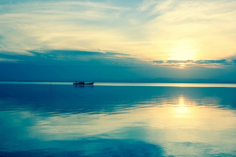 Silhouette Boat on Water — Blue, Serene, Sunset