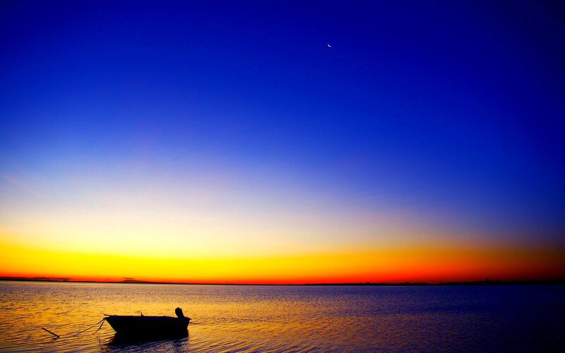 Silhouette Boat on Water — Blue, Serene