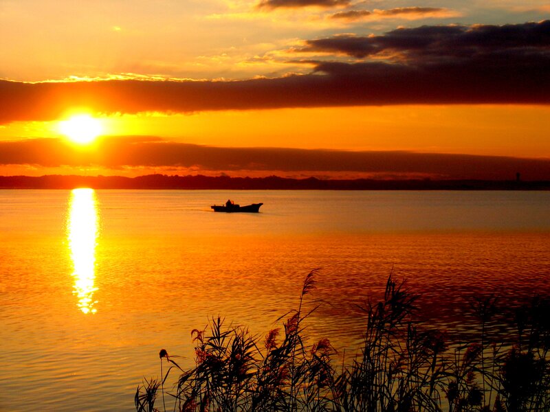Silhouette Boat on Water — Orange