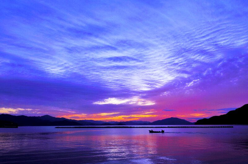 Silhouette Boat on Water — Purple, Dramatic