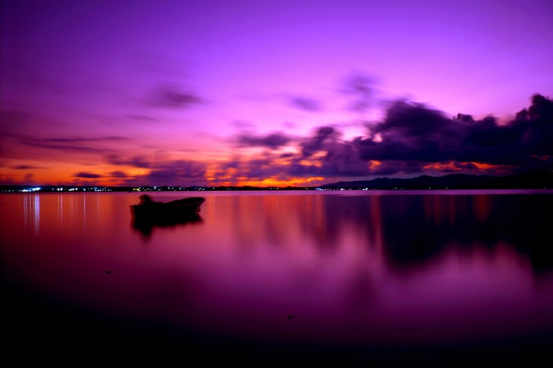 Silhouette Boat on Water — Purple, Serene