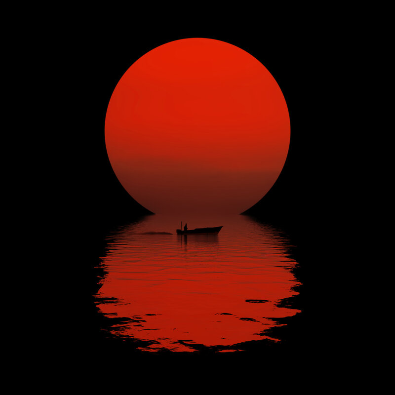 Silhouette Boat on Water — Red, Dramatic