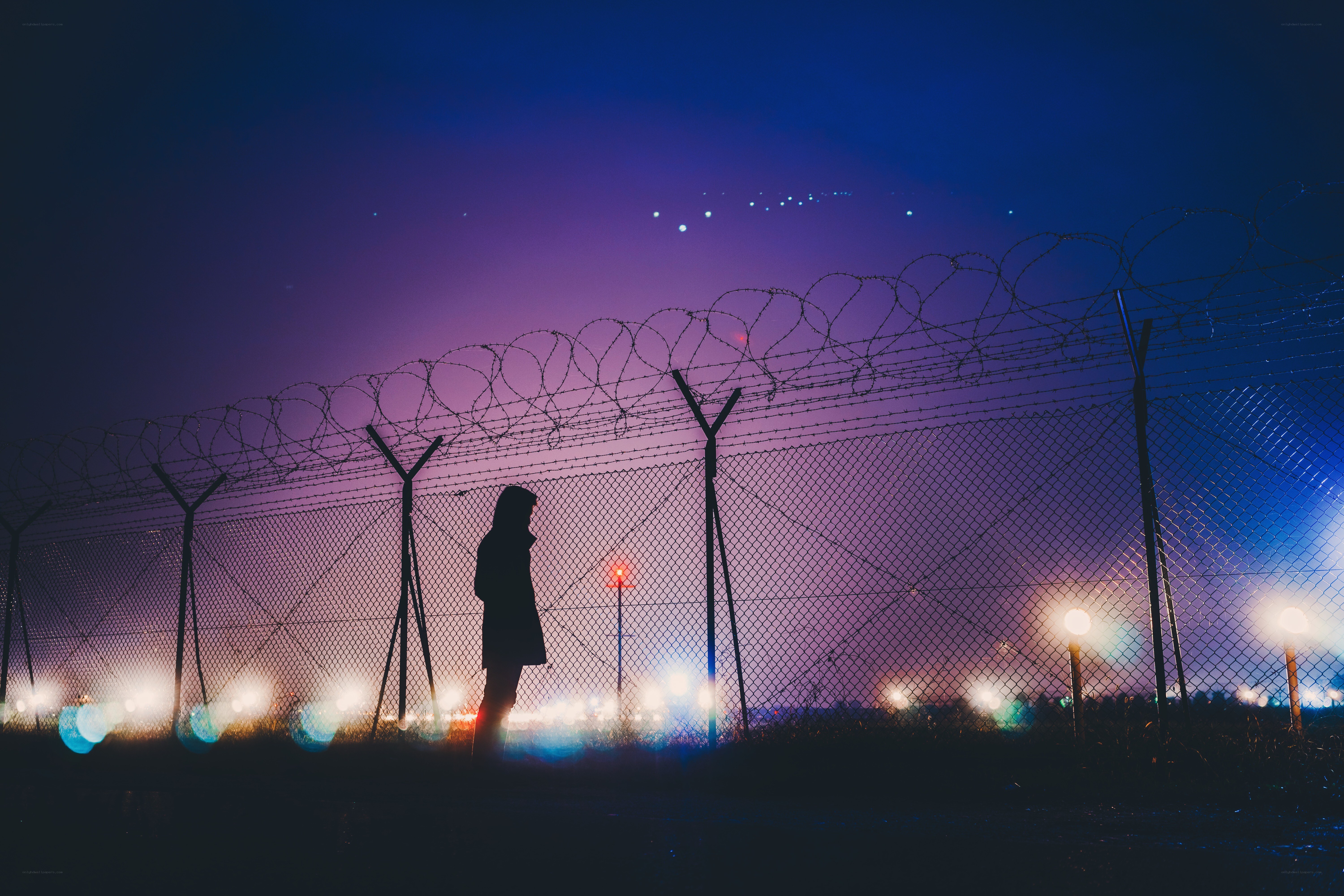 Silhouette by barbed wire fence