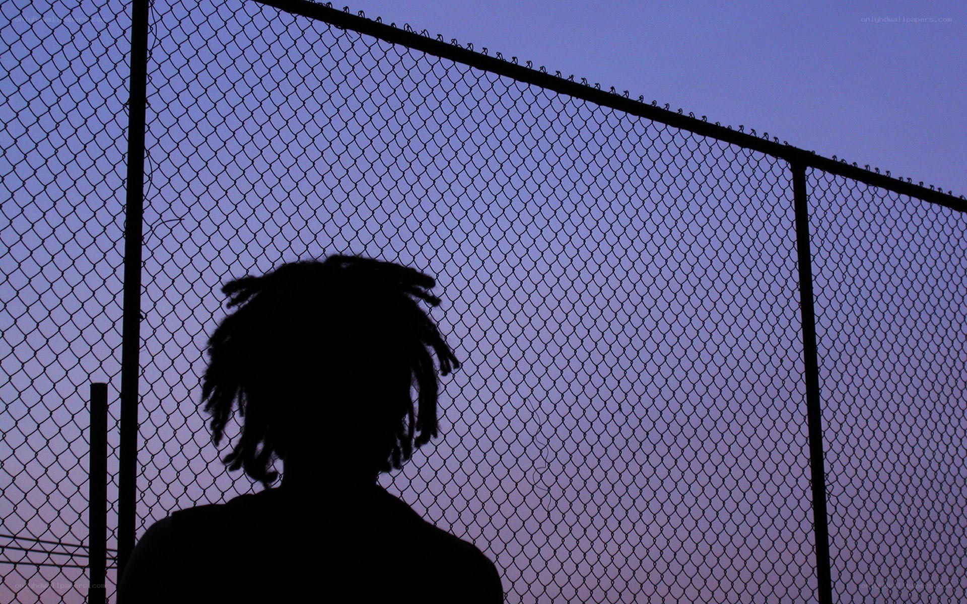 silhouette by chain-link fence