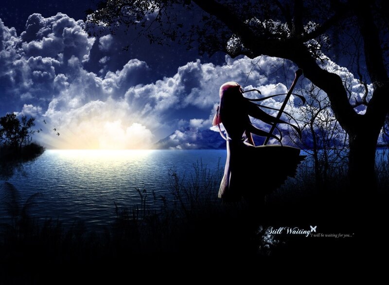 Silhouette by the lake at night