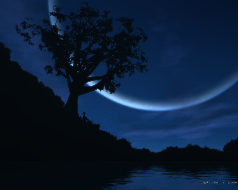 Silhouette by the lake at night