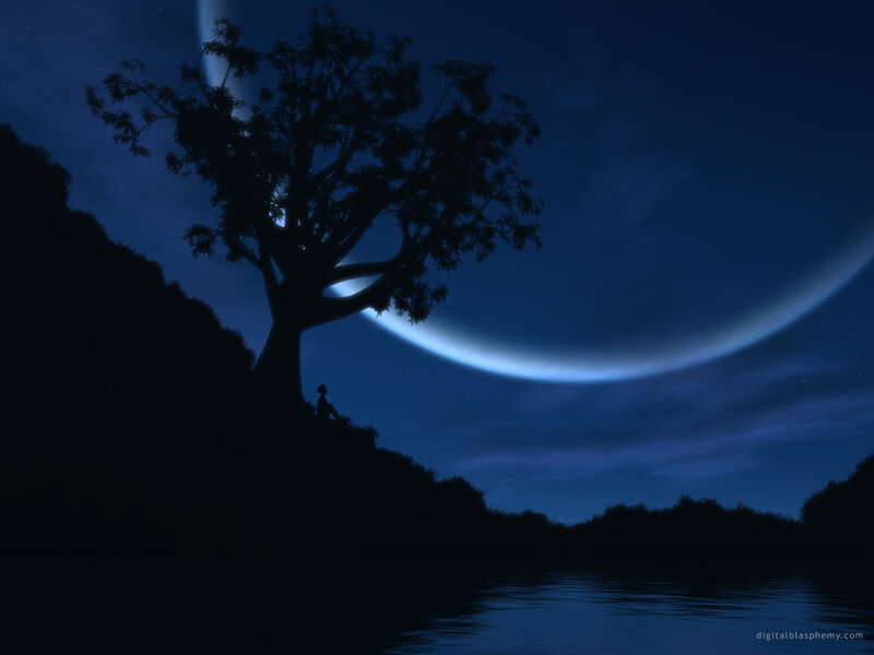 Silhouette by the moonlit lake