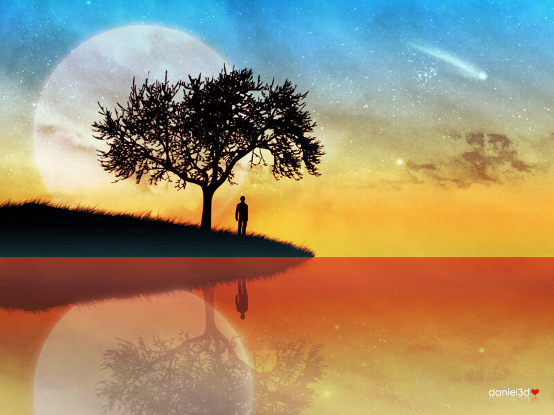 Silhouette by the moonlit lake