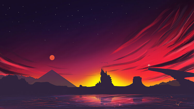 Silhouette Castle at Sunset — Red