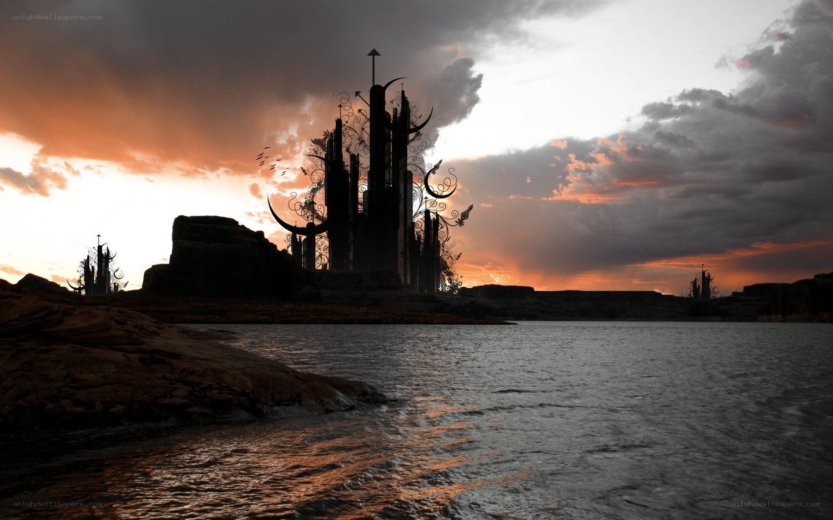 Silhouette castle at sunset