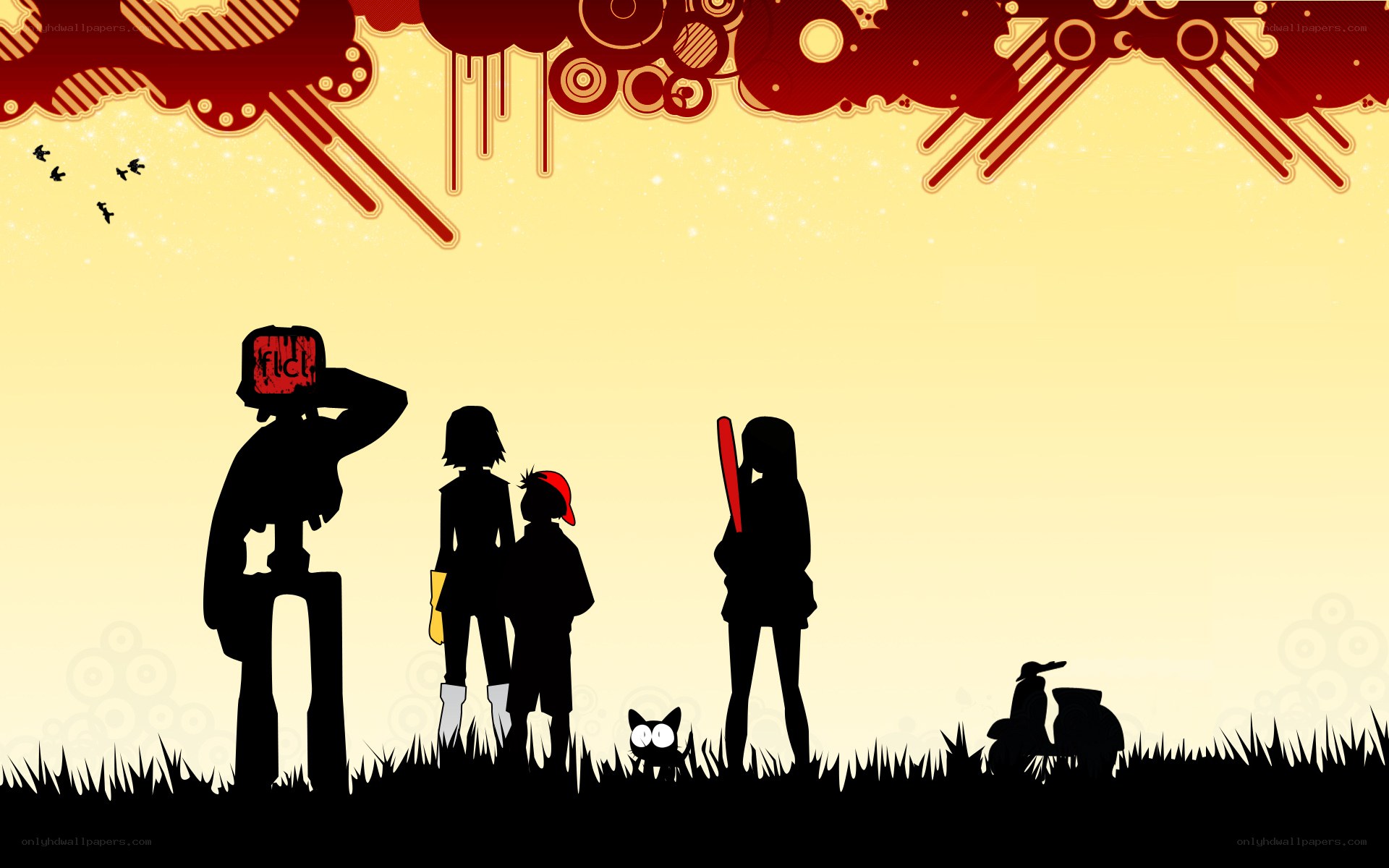 silhouette characters in a field