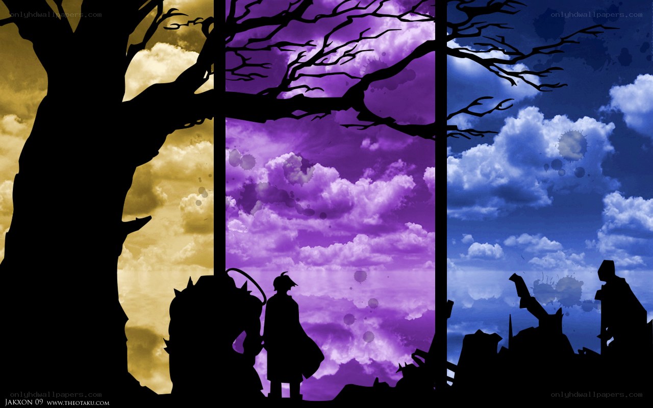 silhouette characters under three skies