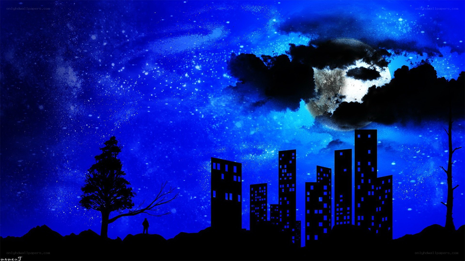 Silhouette city under starry sky