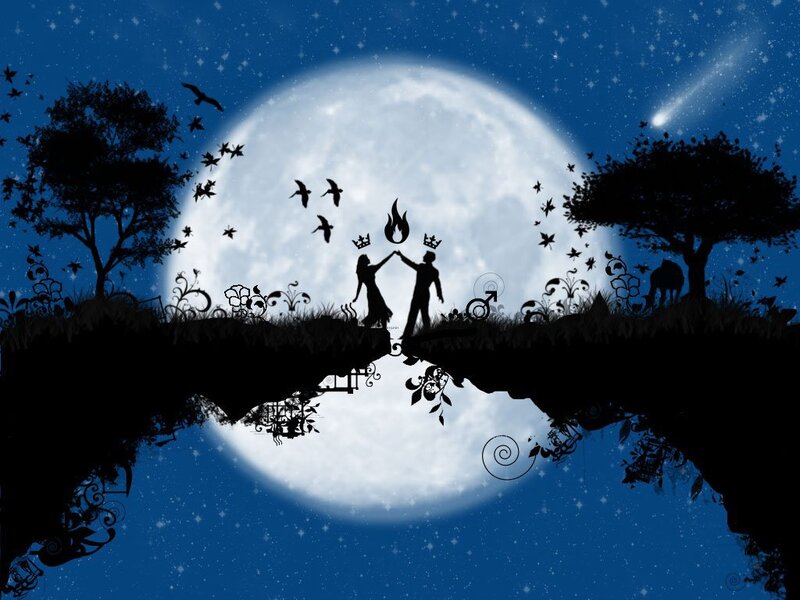 Silhouette Couple Dancing — Blue, Romantic, Night, Digital Art, Moon