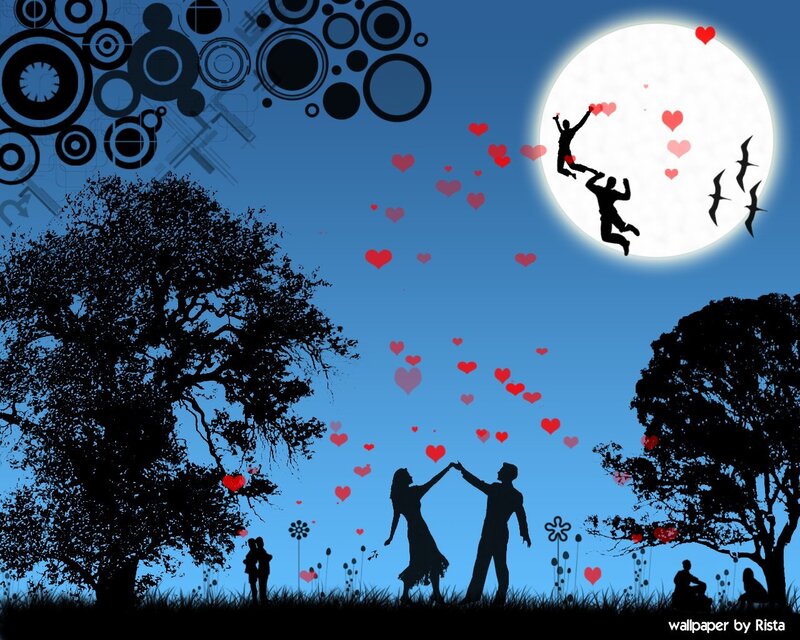 Silhouette Couple Dancing — Blue, Romantic, Night, Digital Art