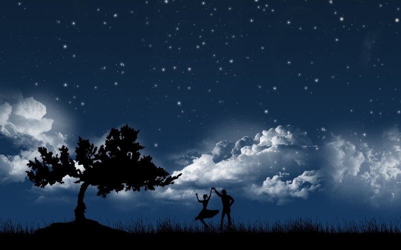 Silhouette Couple Dancing — Blue, Serene, Night, Digital Art, Tree