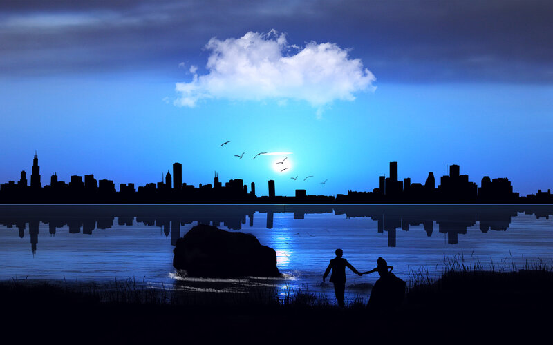Silhouette Couple Holding Hands — Blue