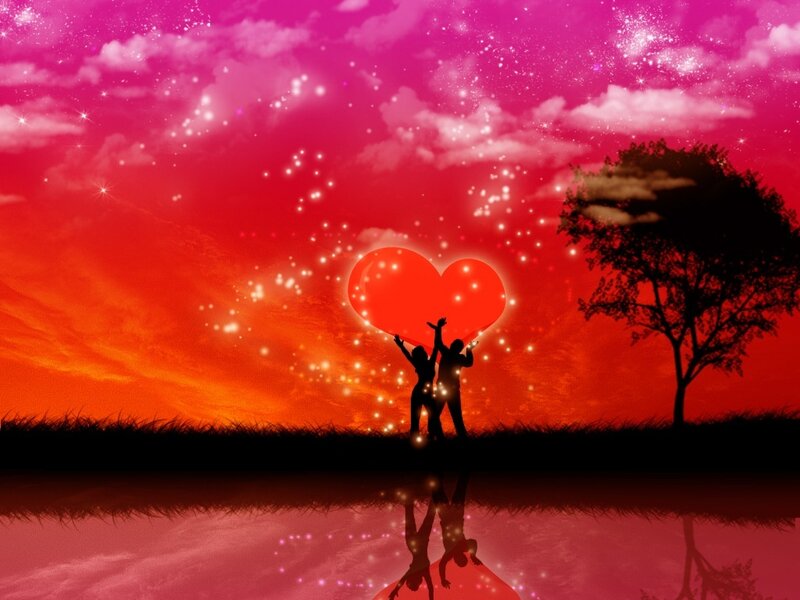 Silhouette Couple Holding Heart — Red