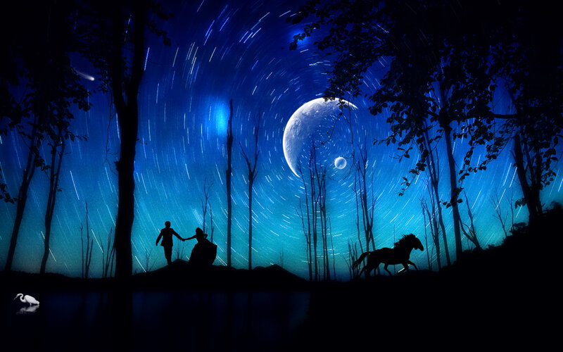 Silhouette Couple in Forest — Blue, Serene