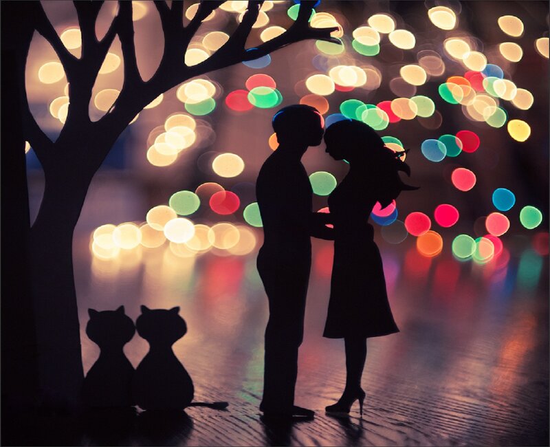 Silhouette Couple Kissing — Black, Romantic, Night