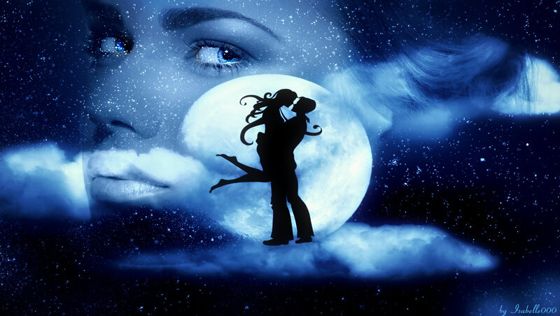 Silhouette Couple Kissing — Blue, Dreamy