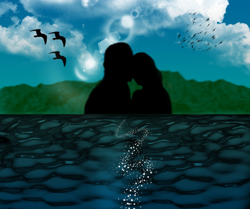 Silhouette Couple Kissing — Blue, Romantic