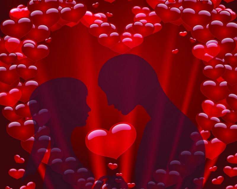 Silhouette Couple Kissing — Red, Romantic, Digital Art, Hearts