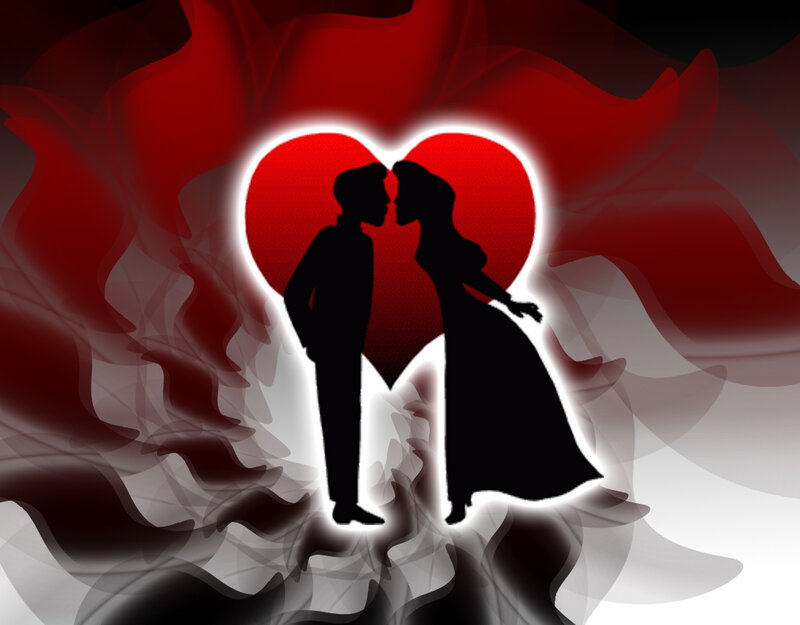 Silhouette Couple Kissing — Red, Romantic, Digital Art