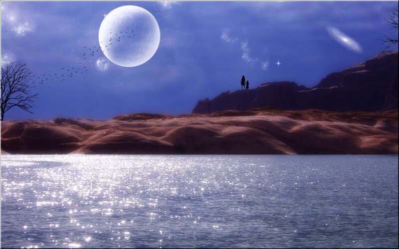 Silhouette Couple on Cliff — Blue, Serene