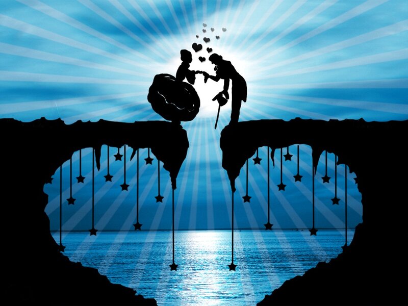 Silhouette Couple on Cliff — Blue