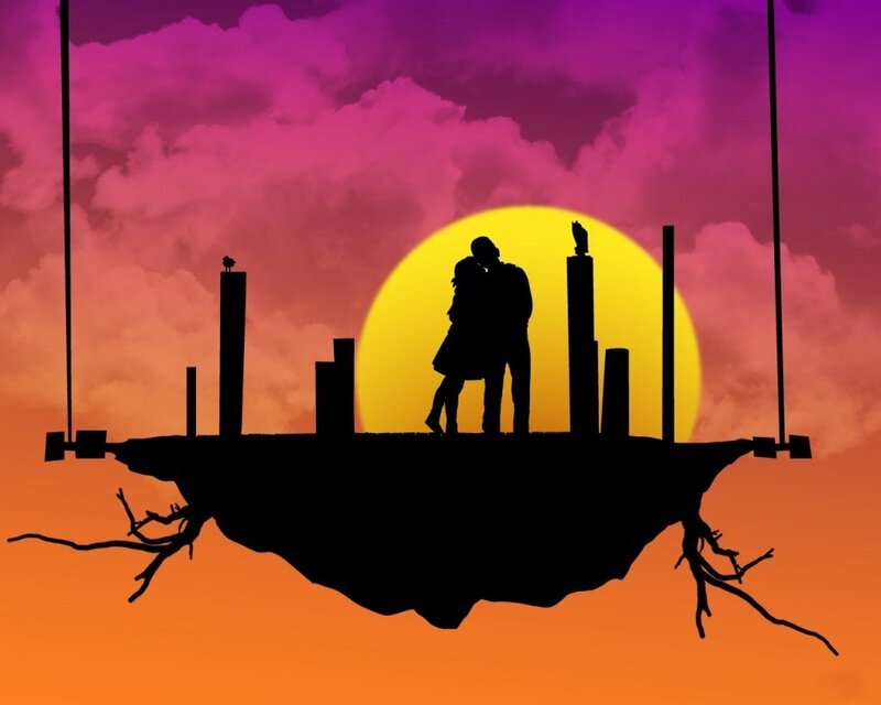 silhouette couple on floating island