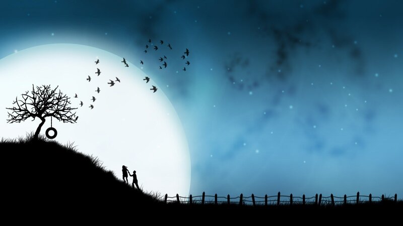 Silhouette Couple on Hill — Blue, Serene, Night