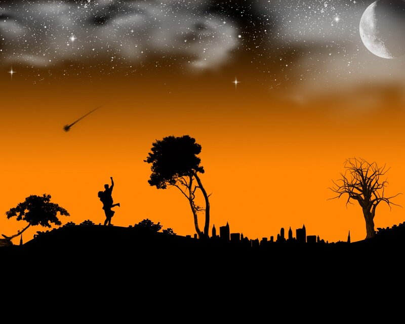 Silhouette Couple on Hill — Orange, Dramatic, Night, Digital Art
