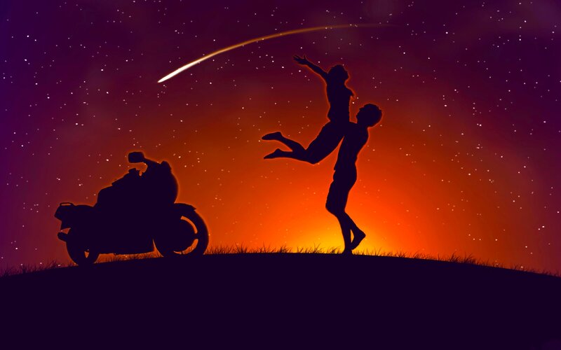 Silhouette Couple on Hill — Purple, Romantic, Night