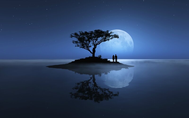 Silhouette Couple on Island — Blue, Serene, Night