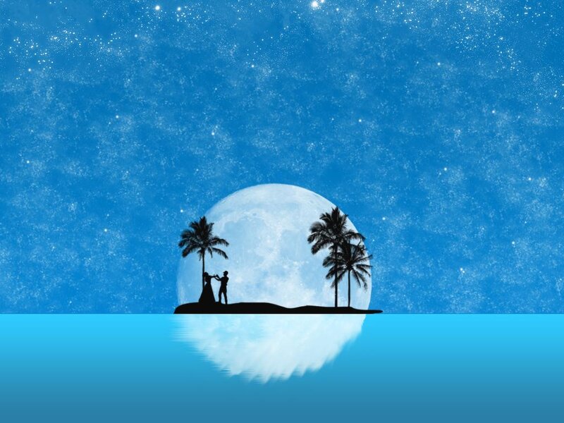 Silhouette Couple on Island — Blue, Serene