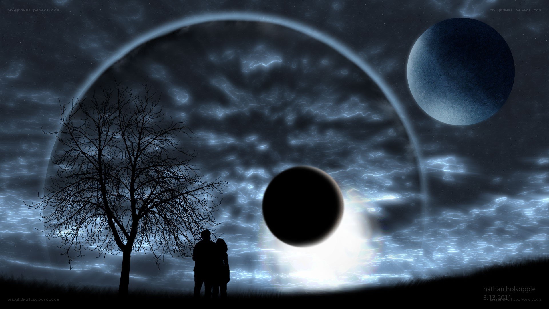 Silhouette couple under alien sky