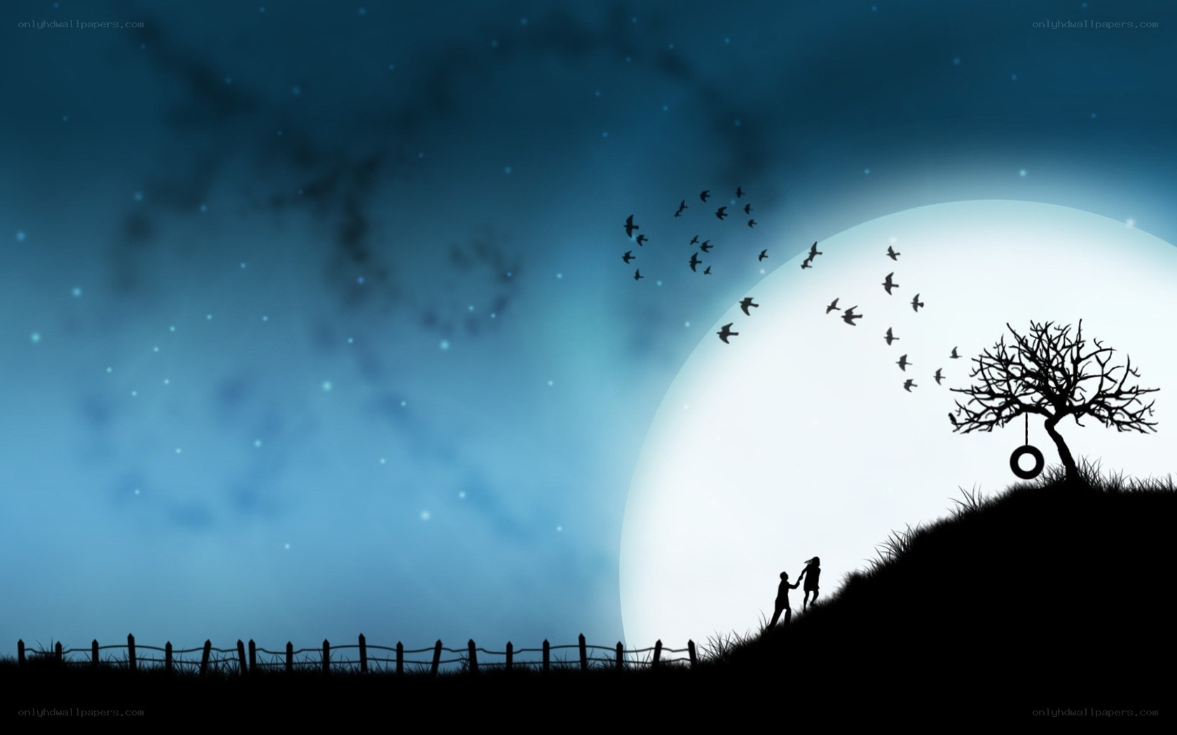 Silhouette couple under moonlight
