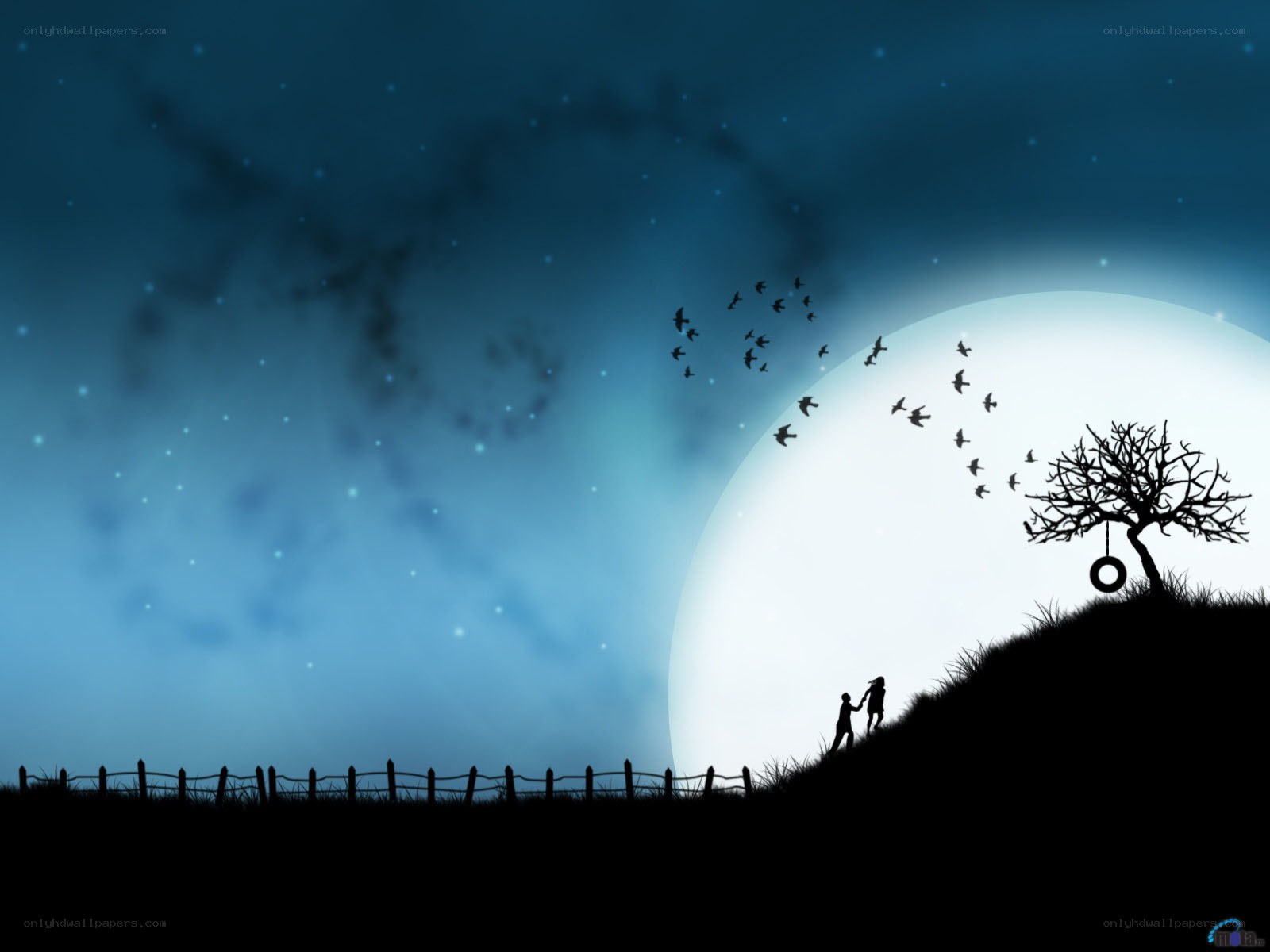 Silhouette couple under moonlight