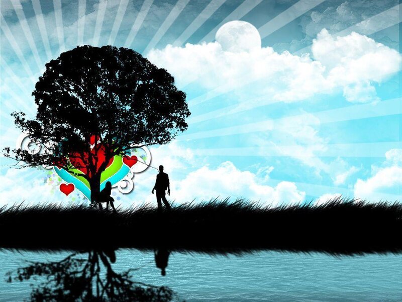 Silhouette Couple under Tree — Blue, Serene, Night, Digital Art, Heart