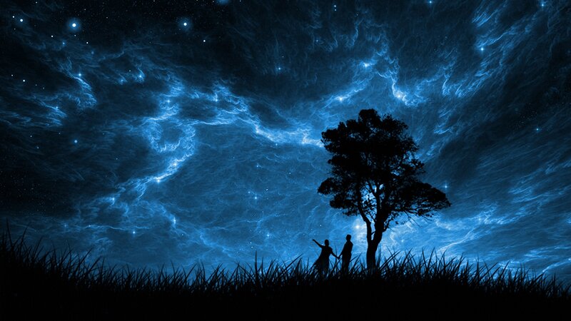 Silhouette Couple under Tree — Blue, Serene, Night, Digital Art