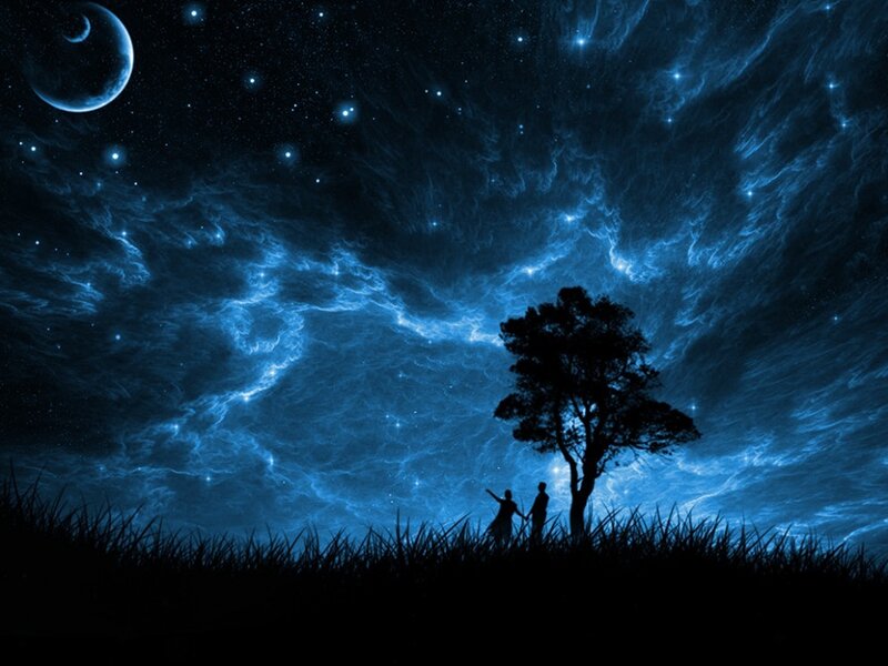 Silhouette Couple under Tree — Blue